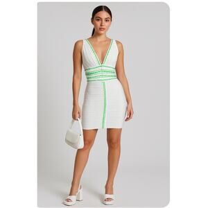 Y2K Bebe White Green Studded Bandage Bodycon Dress Size L Sexy Retro Club READ